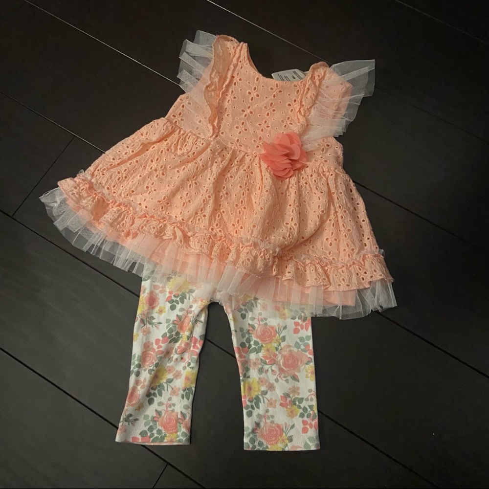 Little Lass Baby Girl peach eyelet lace top and floral leggings  outfit 18M